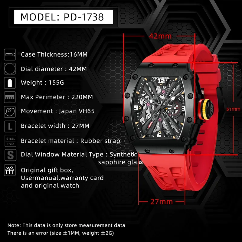 Pagani Design Black Skeleton Dial Red Strap Men's Watch- PD-1738